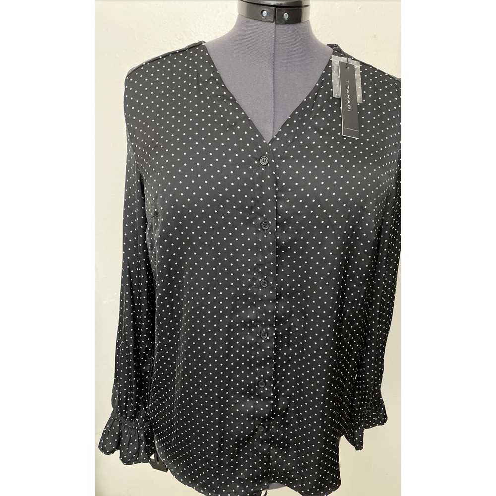 Tahari Polka Dot Blouse Women's Medium Black White 50s Style Nordstrom NWT